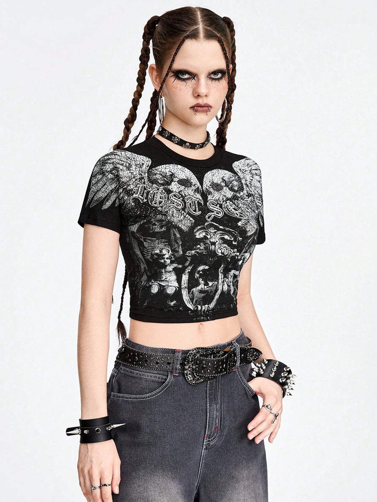 ROMWE Avant Dark Punk Street Style Skull Print Rhinestone Embellished Slim Fit Women's T-Shirt