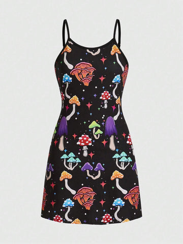 ROMWE Avant Women's Cute Mushroom Allover Allover Print Spaghetti Strap Summer Dress
