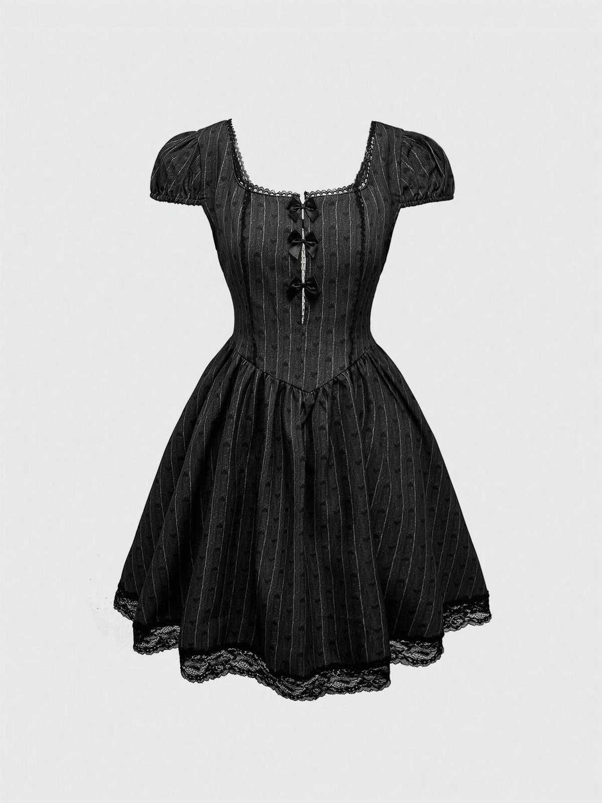 ROMWE Avant Women's Heart And Striped Print Square Neck Puff Sleeve Bow Decor Contrast Lace Flare Hem Short Dress