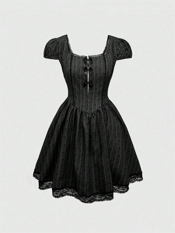 ROMWE Avant Women's Heart And Striped Print Square Neck Puff Sleeve Bow Decor Contrast Lace Flare Hem Short Dress