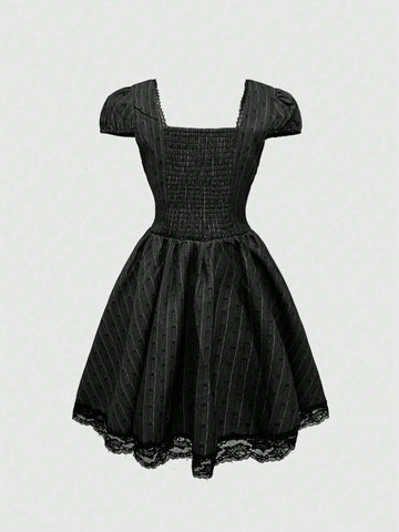 ROMWE Avant Women's Heart And Striped Print Square Neck Puff Sleeve Bow Decor Contrast Lace Flare Hem Short Dress