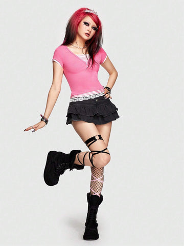 ROMWE Avant Y2k & Retro Revival Subculture Tight Fit Lace Hem Simple Fake Two Pieces Women's T-Shirt