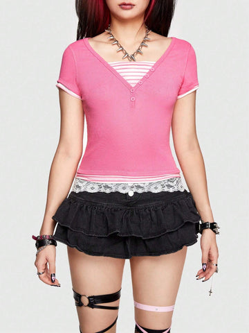 ROMWE Avant Y2k & Retro Revival Subculture Tight Fit Lace Hem Simple Fake Two Pieces Women's T-Shirt