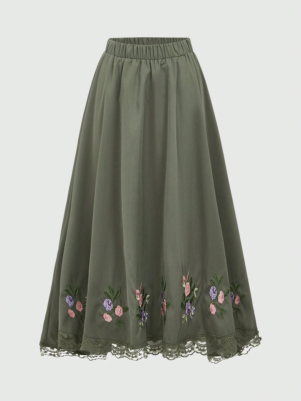 ROMWE Fairycore Flower Embroidery Asymmetric Lace Hem Skirt