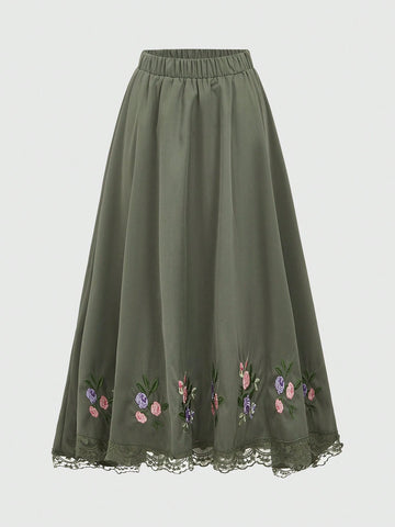 ROMWE Fairycore Flower Embroidery Asymmetric Lace Hem Skirt
