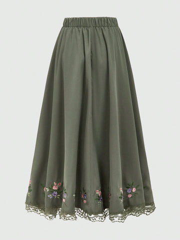ROMWE Fairycore Flower Embroidery Asymmetric Lace Hem Skirt