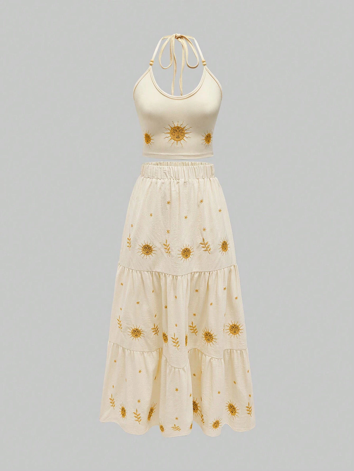 ROMWE Fairycore Seaside Vacation French Retro Star And Moon Embroidered Halter Neck Skirt Set For Women