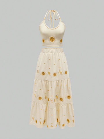 ROMWE Fairycore Seaside Vacation French Retro Star And Moon Embroidered Halter Neck Skirt Set For Women