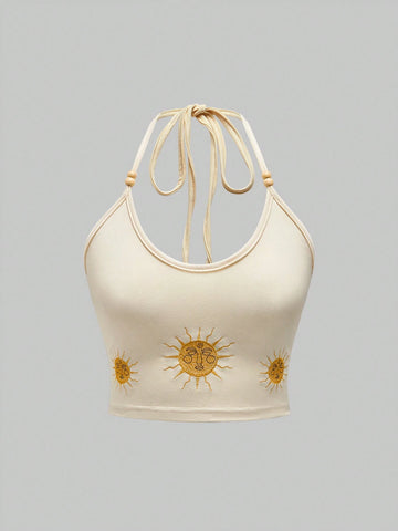 ROMWE Fairycore Seaside Vacation French Retro Star And Moon Embroidered Halter Neck Skirt Set For Women