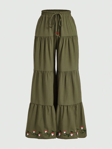 ROMWE Fairycore Women'S Beaded Drawstring Forest Mushroom Embroidered Patchwork Wide-Leg Trousers