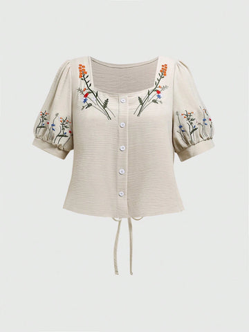 Fairycore Women Cropped A-Line Doll Shirt With Plant Embroidery And Tie