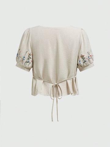 Fairycore Women Cropped A-Line Doll Shirt With Plant Embroidery And Tie