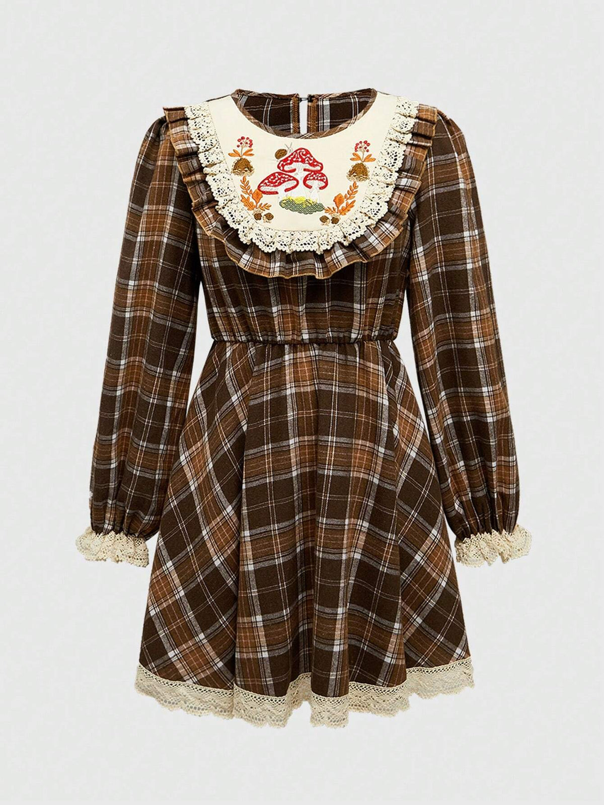ROMWE Fairycore Women's Casual Plaid Patchwork Mushroom Embroidery Mini Dress, Autumn