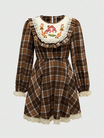 ROMWE Fairycore Women's Casual Plaid Patchwork Mushroom Embroidery Mini Dress, Autumn