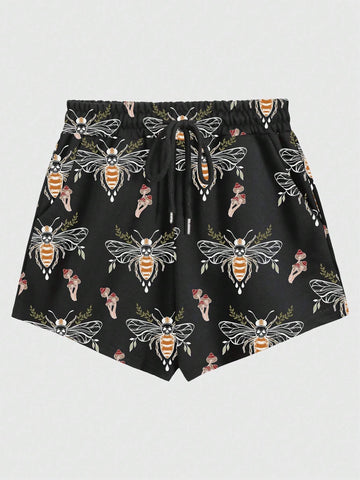 ROMWE Fairycore Women's Casual Vacation Shorts With All-Over Bee & Mushroom Print
