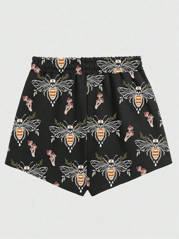 ROMWE Fairycore Women's Casual Vacation Shorts With All-Over Bee & Mushroom Print