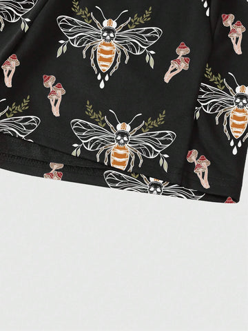 ROMWE Fairycore Women's Casual Vacation Shorts With All-Over Bee & Mushroom Print