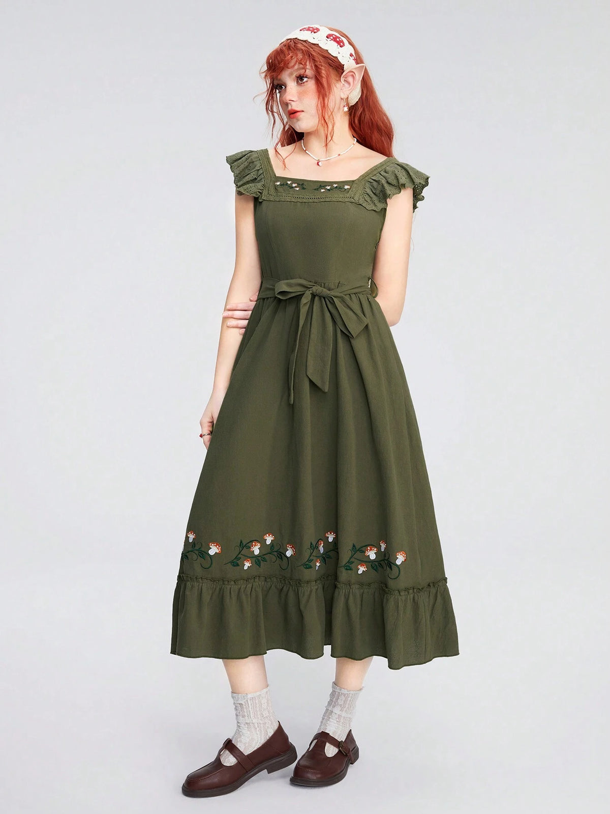 ROMWE Fairycore Women's Embroidered Lotus Leaf Hem Dress