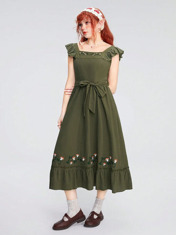 ROMWE Fairycore Women's Embroidered Lotus Leaf Hem Dress