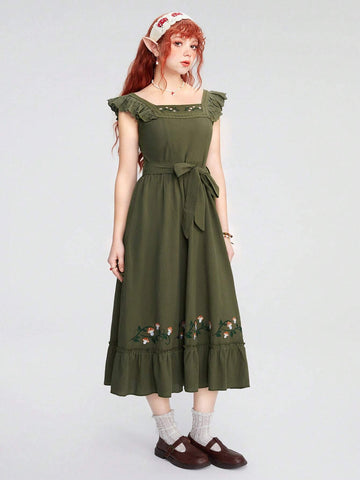 ROMWE Fairycore Women's Embroidered Lotus Leaf Hem Dress