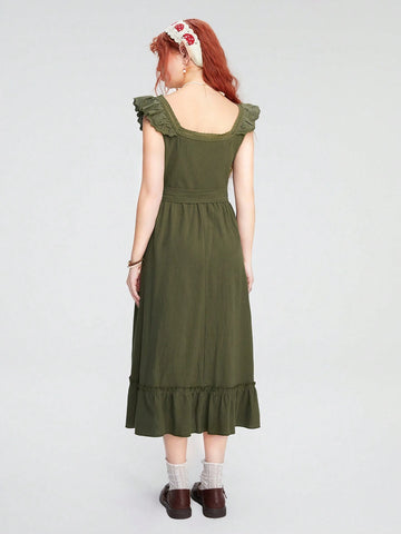 ROMWE Fairycore Women's Embroidered Lotus Leaf Hem Dress