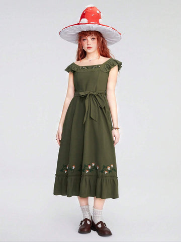 ROMWE Fairycore Women's Embroidered Lotus Leaf Hem Dress