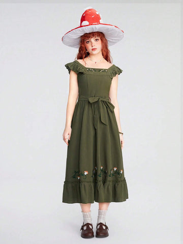 ROMWE Fairycore Women's Embroidered Lotus Leaf Hem Dress