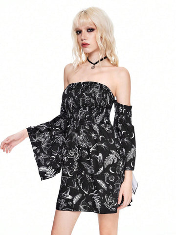 ROMWE Fairycore Women's Off-Shoulder Butterfly & Moon Print Flare Sleeve Witchy Dark Magic Dress