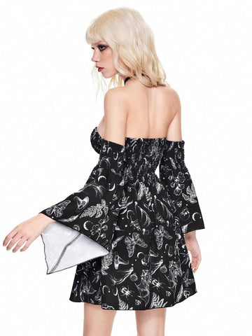 ROMWE Fairycore Women's Off-Shoulder Butterfly & Moon Print Flare Sleeve Witchy Dark Magic Dress