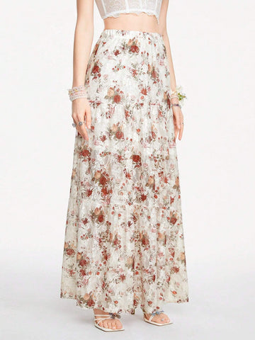 ROMWE Fairycore Women's Rose Pattern Lace Fabric Skirt