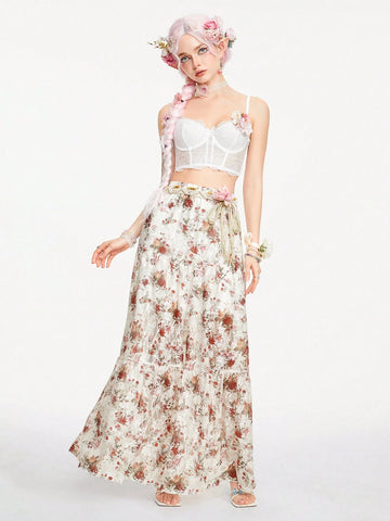 ROMWE Fairycore Women's Rose Pattern Lace Fabric Skirt