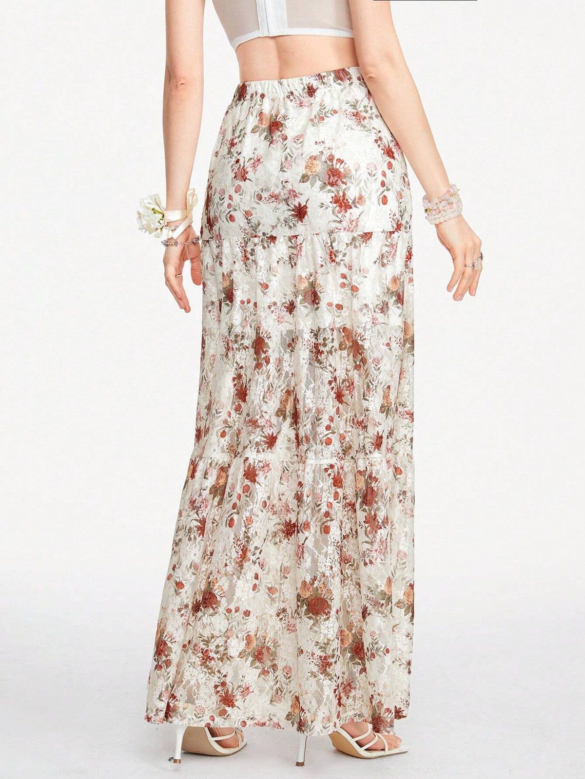 ROMWE Fairycore Women's Rose Pattern Lace Fabric Skirt