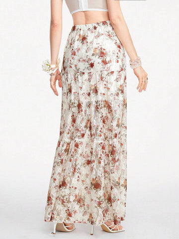 ROMWE Fairycore Women's Rose Pattern Lace Fabric Skirt