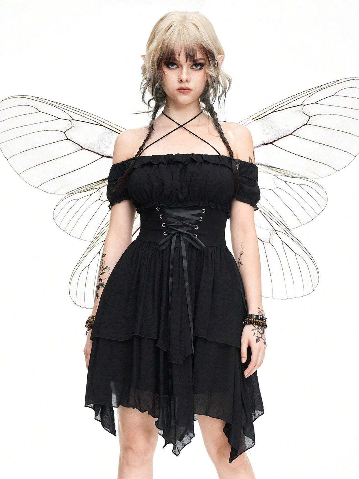 ROMWE Fairycore Women's Strapless High-Low Double Layered Dress With Pointed Hemline