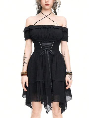 ROMWE Fairycore Women's Strapless High-Low Double Layered Dress With Pointed Hemline