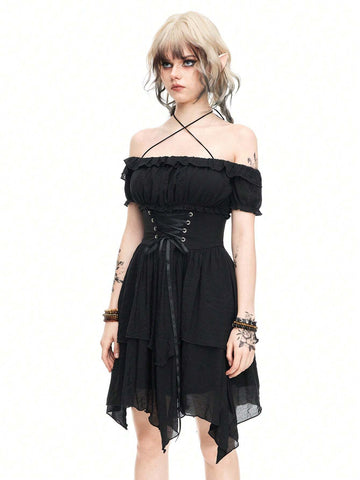 ROMWE Fairycore Women's Strapless High-Low Double Layered Dress With Pointed Hemline