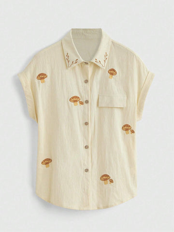 ROMWE Fairycore Women's Summer Short Sleeve Shirt With Mushroom Embroidery Pattern