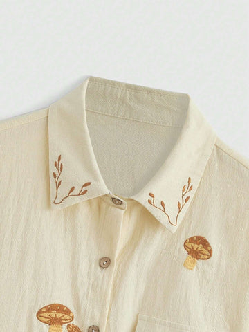 ROMWE Fairycore Women's Summer Short Sleeve Shirt With Mushroom Embroidery Pattern