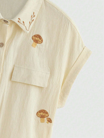 ROMWE Fairycore Women's Summer Short Sleeve Shirt With Mushroom Embroidery Pattern