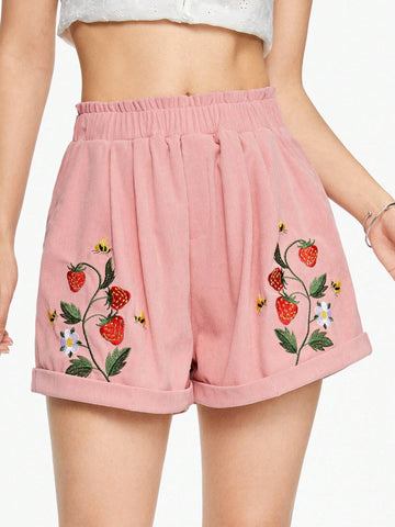 ROMWE Fruit Embroidery Paper Bag Waist Casual Shorts For Summer