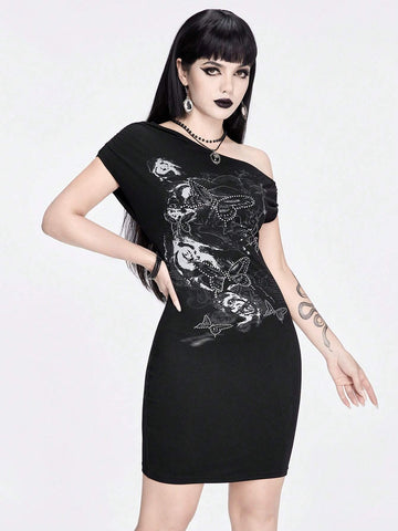 ROMWE Goth Butterfly & Flower Print Rhinestone Embellished Bodycon Asymmetrical Neck Sexy Women's Dress
