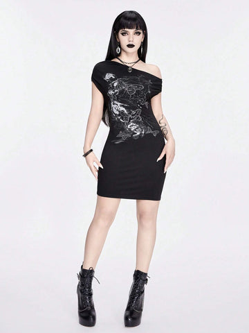 ROMWE Goth Butterfly & Flower Print Rhinestone Embellished Bodycon Asymmetrical Neck Sexy Women's Dress