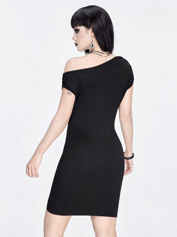ROMWE Goth Butterfly & Flower Print Rhinestone Embellished Bodycon Asymmetrical Neck Sexy Women's Dress