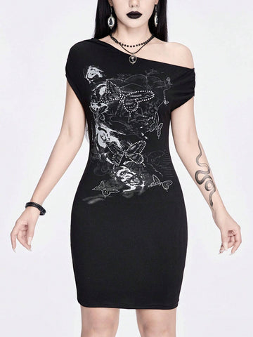 ROMWE Goth Butterfly & Flower Print Rhinestone Embellished Bodycon Asymmetrical Neck Sexy Women's Dress