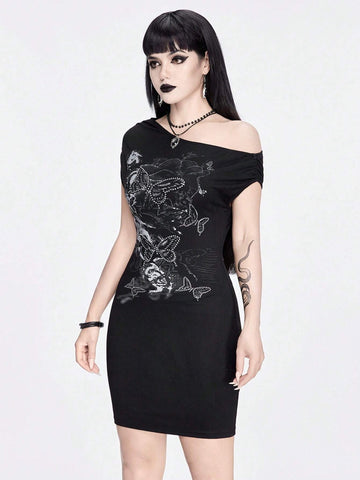 ROMWE Goth Butterfly & Flower Print Rhinestone Embellished Bodycon Asymmetrical Neck Sexy Women's Dress