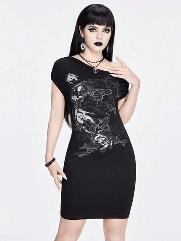 ROMWE Goth Butterfly & Flower Print Rhinestone Embellished Bodycon Asymmetrical Neck Sexy Women's Dress