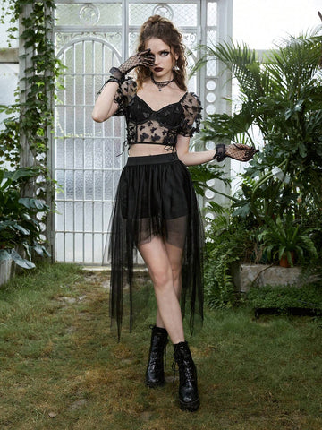 ROMWE Goth Contrast Mesh Asymmetrical Hem Skirt