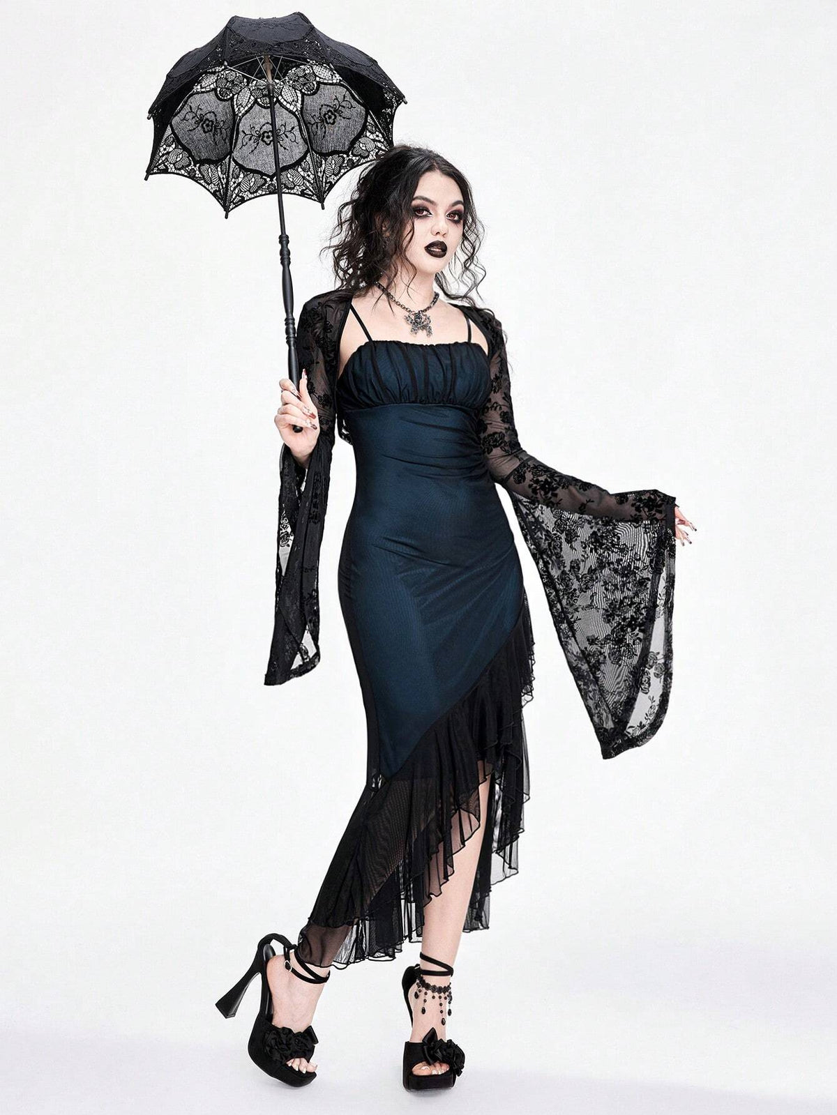 ROMWE Goth Dark Gothic Mesh Sheer Ruffle Hem Bodycon Fishtail Slip Dress For Women