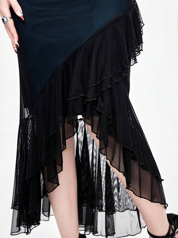 ROMWE Goth Dark Gothic Mesh Sheer Ruffle Hem Bodycon Fishtail Slip Dress For Women