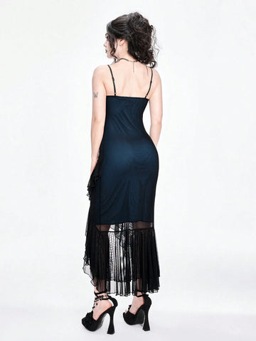 ROMWE Goth Dark Gothic Mesh Sheer Ruffle Hem Bodycon Fishtail Slip Dress For Women